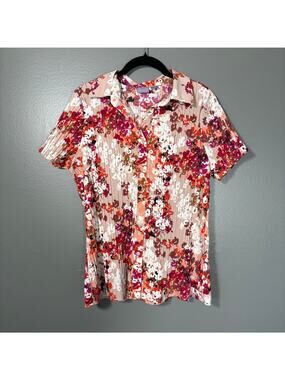 Karen Scott Women's Tan, Pink & Red Floral Pleated Button Up Top - Size Large